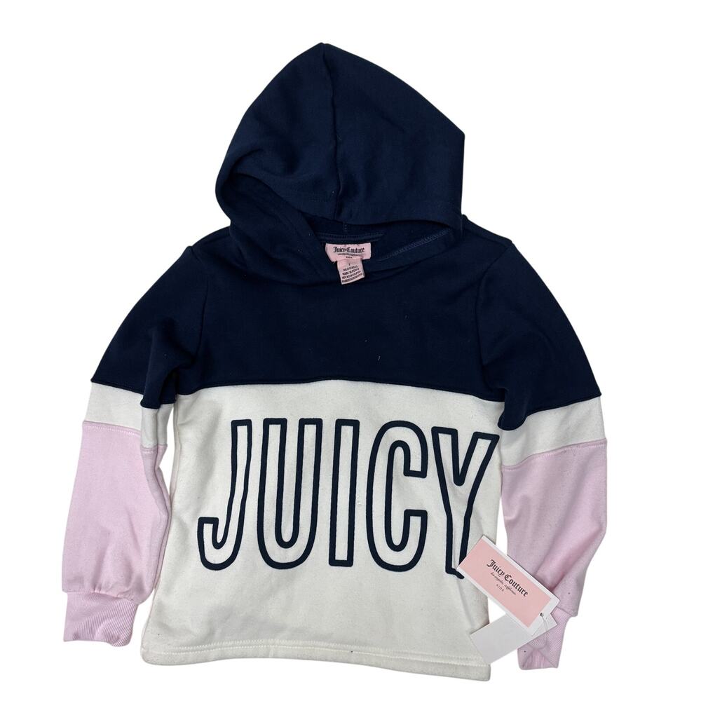 NWT Juicy Couture Colorblock Hoodie Girls 7 Blue Pink White Spellout Pullover